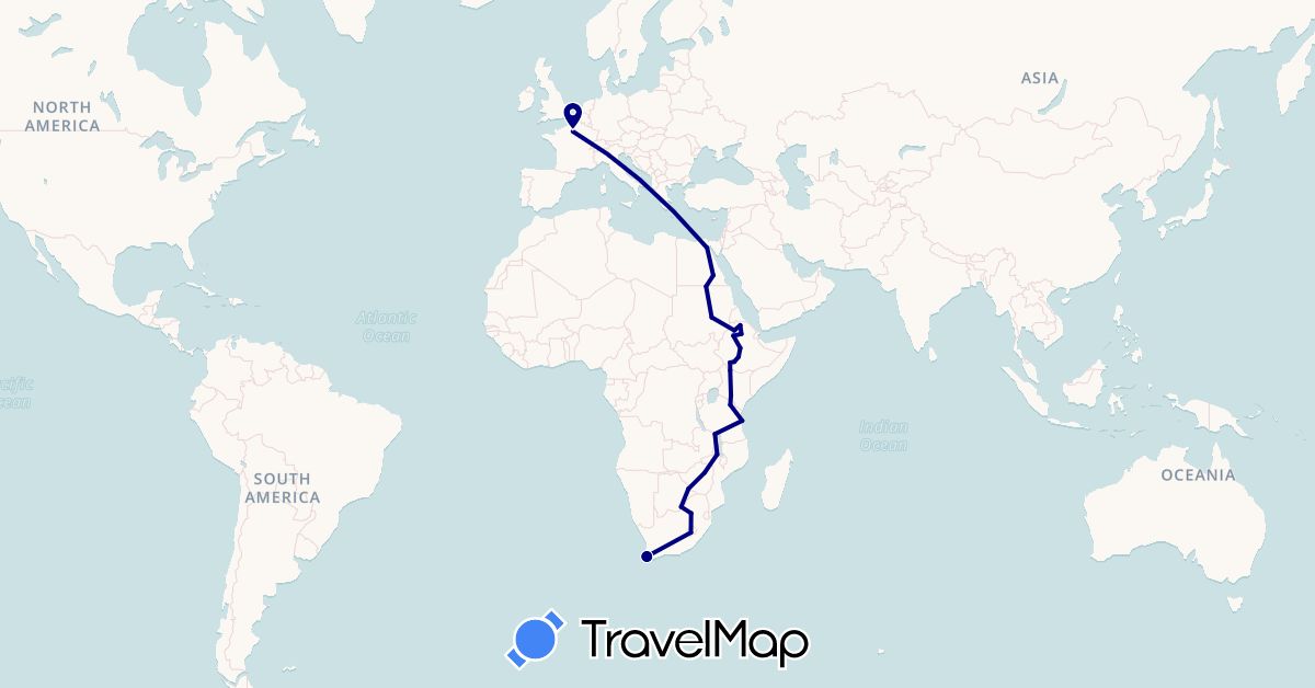 TravelMap itinerary: driving in Botswana, Egypt, Ethiopia, France, Kenya, Lesotho, Malawi, Sudan, Tanzania, South Africa, Zimbabwe (Africa, Europe)